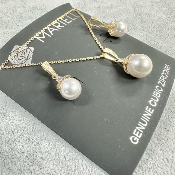 Mariell Pearl Drop Bridal Necklace Earrings Set with CZ Crystals - Picture 2 of 4